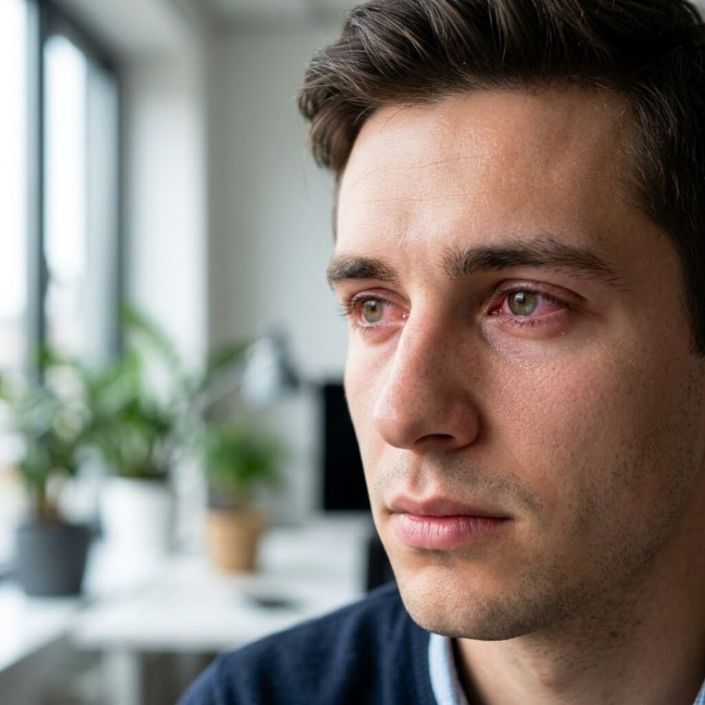 A man with red, irriated eyes